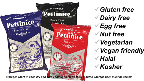 Pettinice fondant is gluten free, dairy free, egg free, nut free, vegetarian, vegan friendly, halal and kosher.