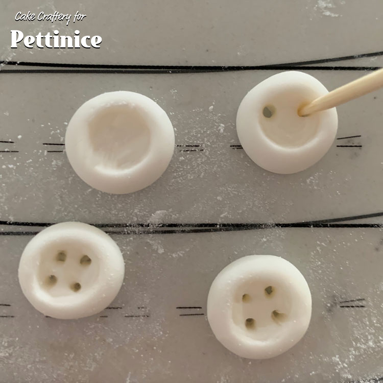Use a cocktail stick to make 4 holes in each button. Set aside to dry a little.