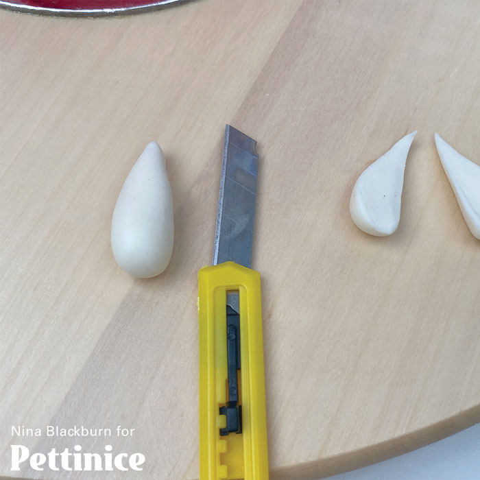 For the mustache, roll a teardrop and cut in half. Use the  Dresden tool to mark lines.