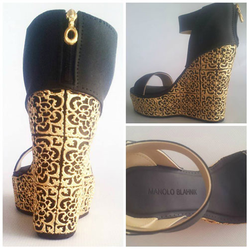 Black and gold Manolo Blahnik gumpaste platforms by Sharron Mcdermott‎