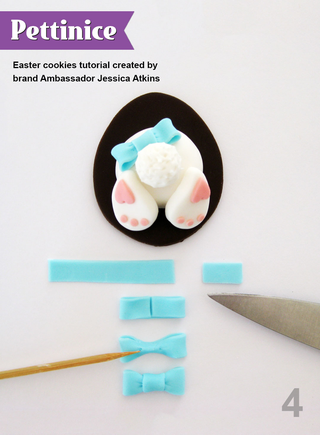 Step 4:  Mix White with small dot of blue for this shade.  Assemble bunny and create bow as shown.  Use small amount of water to stick everything together.  Allow to dry overnight for best results.