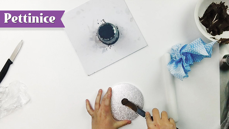 Dab a bit of melted chocolate to secure cake to final cake board.