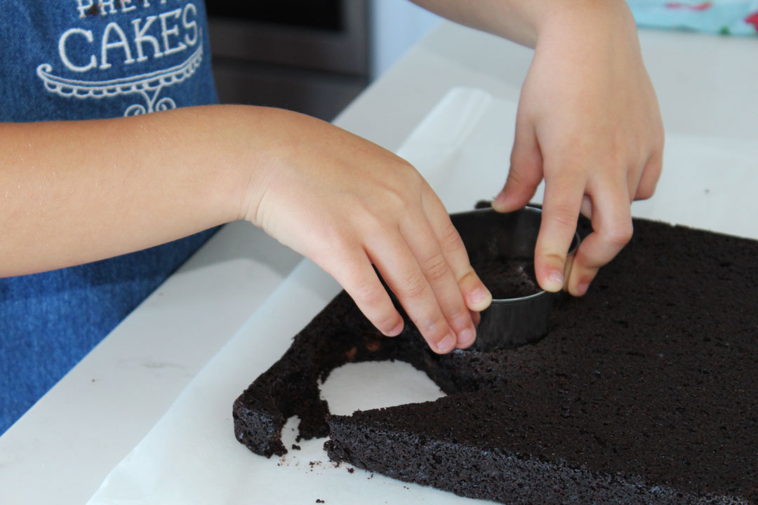 Once your brownie has cooled, use your cutters to make fun shapes.  Use the heart cutters in both directions to get the most cuts!