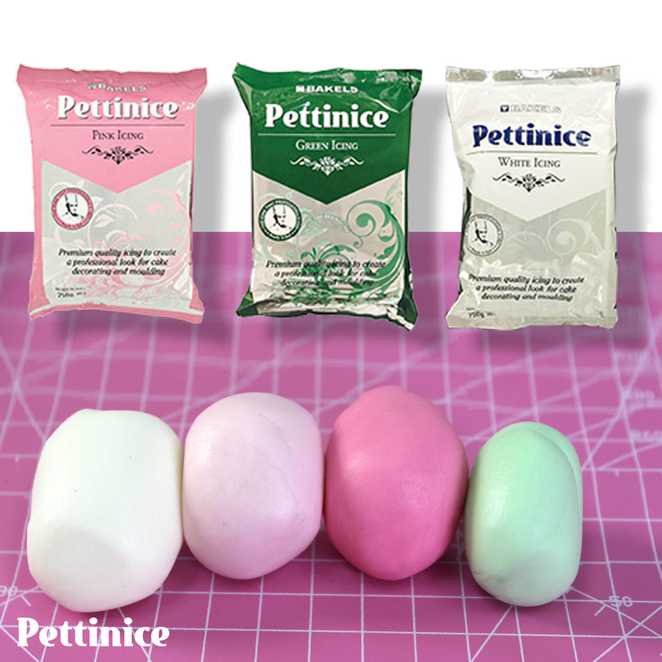 Using White Pettinice, mix various amounts of Green, Pink, and Chocolate Pettinice to create desired shades for your cake.