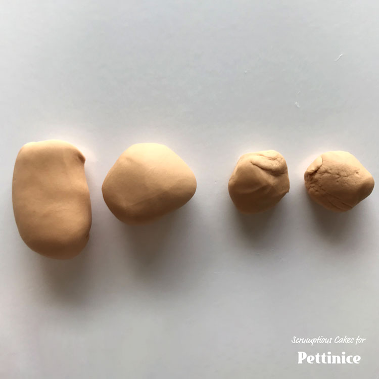 Add tylose to Pettinice to make your figurine to set hard. Divide up your fondant into 4 balls, 1 each for the torso, head and 2 arms