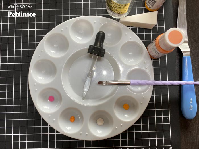 Step 6. Get your Edible art Paints out.  Shake them up really well before putting a small drop into your pallet. Use a dropper & add a drop or two of Rose Spirit to ‘water down’ your paint.