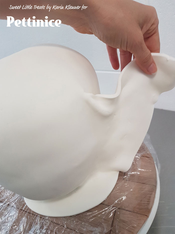 Lower the fondant over your cake, quickly work to adhere your top,  bring all the excess fondant to your chosen point (back of cake).