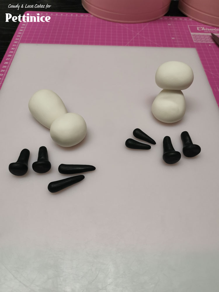 Use your black Pettinice to roll out 4 arms and 4 legs with feet attached. The back legs can be done in one piece or attached separately.