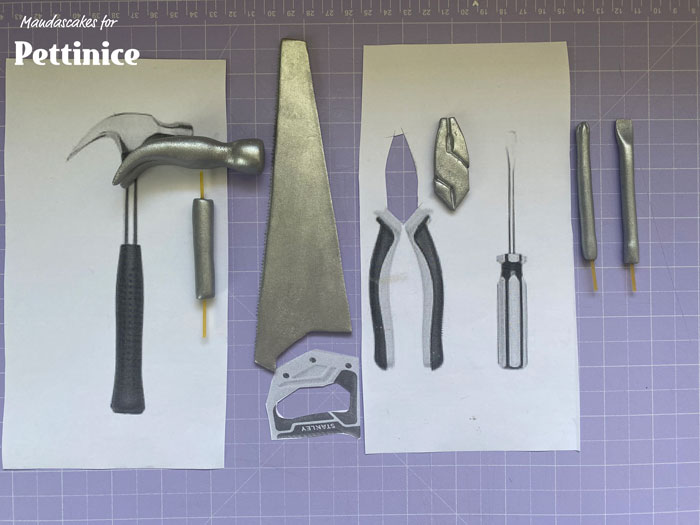 Photo so you can visualize the completed first step, this is the completed first step for each tool.  I’ve popped a small piece of dry spaghetti in the end of the screw drivers and the body of the hammer.