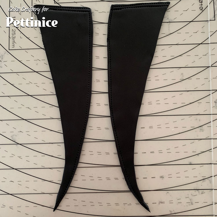 Cut 2 lapels out of black fondant using template D. Cut one side and then flip to make the a mirror image so you have a left and a right lapel. Run stitch lines where shown.