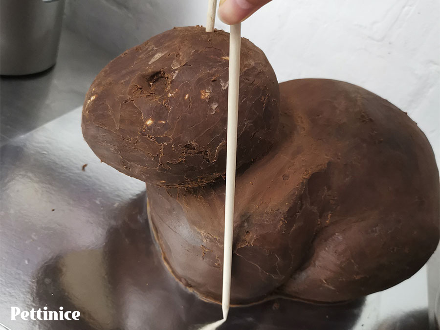 Immediately insert a long sharp dowel straight through the head, the thin cake card that the head is resting on and the rest of the bunny's body, into the cake board, to secure the head in place.